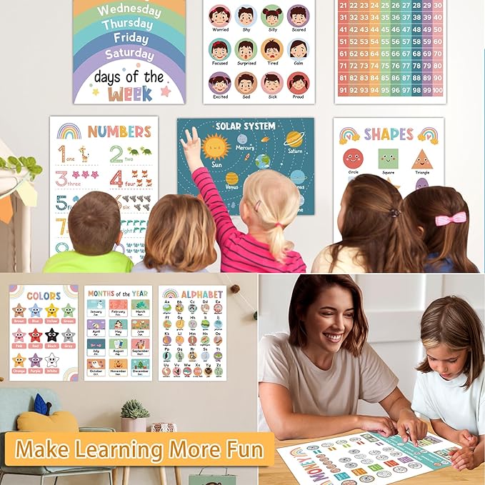 16Pcs Educational Posters for Toddlers 1-3, Learning Posters for Toddlers 1-3, ABC Poster for Kids Ages 3-5, Preschool Posters 1 2 3 Year Old, Kindergarten Homeschool Classroom Must Haves Wall Decor