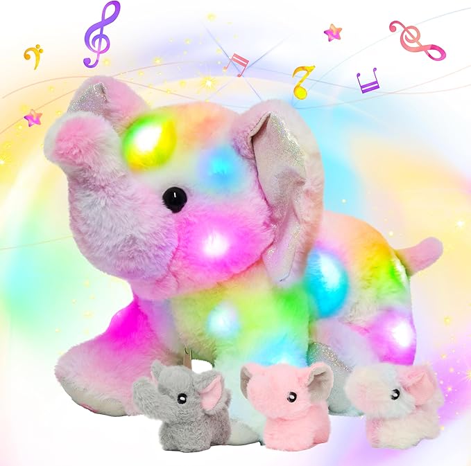 Hopearl LED Musical Stuffed Colorful Elephant Light up Singing Plush Toy Playset Mommy Elephant with 3 Baby Elephish in her Tummy Adjustable Volume Lullaby Animated Soothe Gifts for Kids, 18''