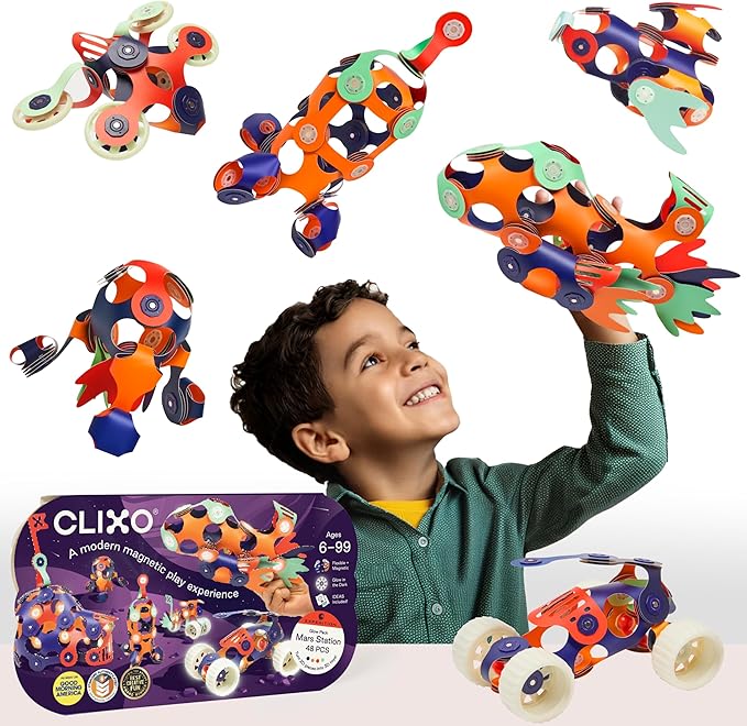 Clixo Mars Station Pack - 48 Magnetic Pieces in 14 Shapes. Flexible STEM Building Glow-in-The-Dark Set with All-Terrain Wheels & Galactic Adventure. Build Rovers, Spaceships & Labs. Ages 6+