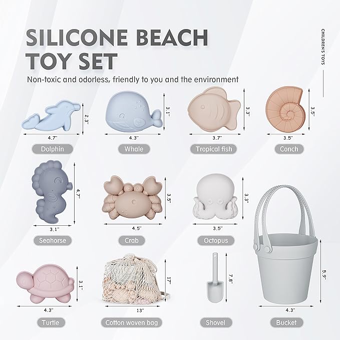 MarcZero 11Pcs Silicone Beach Toys Set - Travel Friendly With Bucket, Shovel, 8 Sand Molds, Bag - Modern Baby Sand Toys for Toddlers, Kids (Gray)