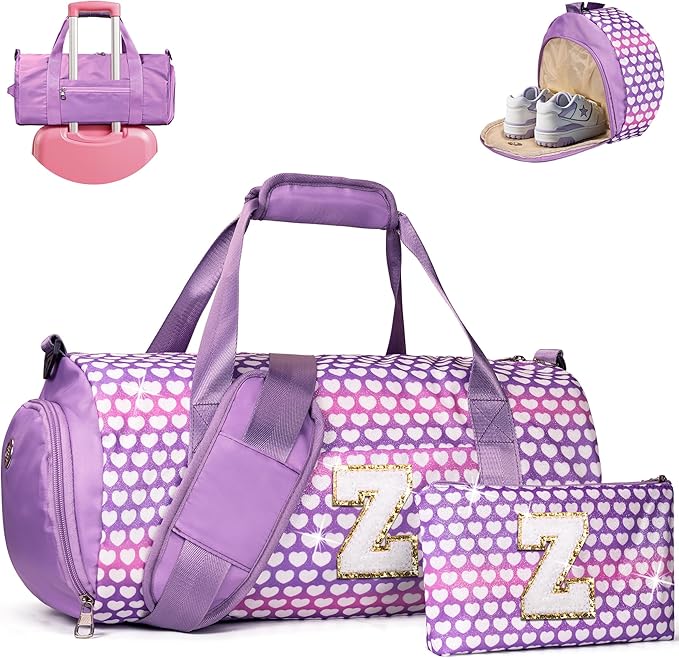 Sweet 16 Gift for Girl, Girls Travel Duffel Bag, Kids Initial Overnight Bags with Shoe Compartment, Personalized Gym Ballet Dance Bag with Makeup Pouch, Preppy Things (Letter Z)