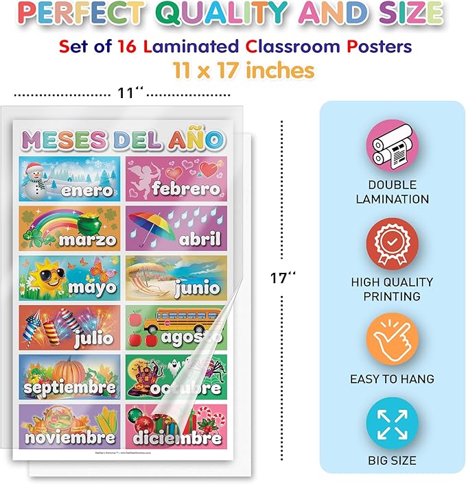 DeeDee's Workshop 16 Spanish Classroom Posters - Spanish Learning for Kids, Abecedario para Niños en Español, Days of the Week & Calendar