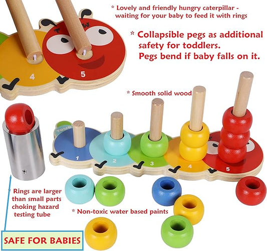 TOWO Wooden Stacking Rings Baby –Lovely Caterpillar Counting Game - Colour Sorting Puzzle - 5 Pegs Ring Stacker - Counting Rings Early Learning Wooden Toys for 1 Year Old Gift First Birthday Boy Girl
