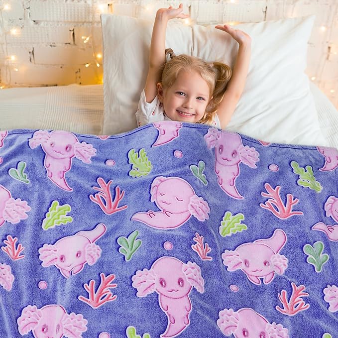 Pink Axolotl Gifts Toys for Girls Axolotl Blanket Glow in The Dark Axolotls Birthday Decorations Cute Kids Throw for Girls Salamander 40"x50"
