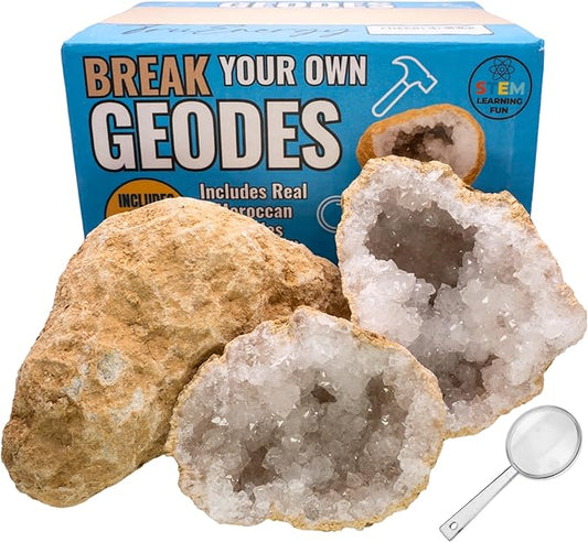 Break Your Own Jumbo Geodes Kit for Kids – 2 Giant Natural Crystal Geodes (4.5–6+ Inches) with Magnifying Glass & Learning Guide – STEM Science Rock Kit – Gift-Ready Educational Set
