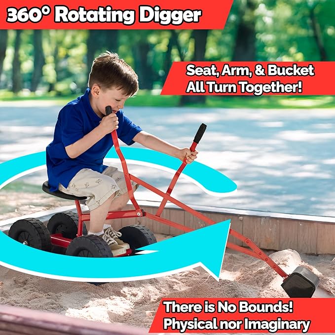 WONKAWOO Monster Wheel Sand Digger for Kids, 360° Rotation Metal Crane Excavator Backhoe Ride On Toy for Beach, Sandbox Digging and Outdoor Playground