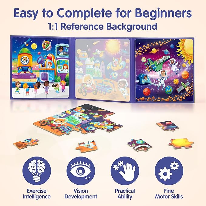 SYNARRY Magnetic Puzzles for Toddlers 3-5, Space Planets Solar System Travel Puzzles for Kids Ages 4-6,Car Airplane Road Trip Activities Games Gifts Toys for 3 4 5 6 Year Old