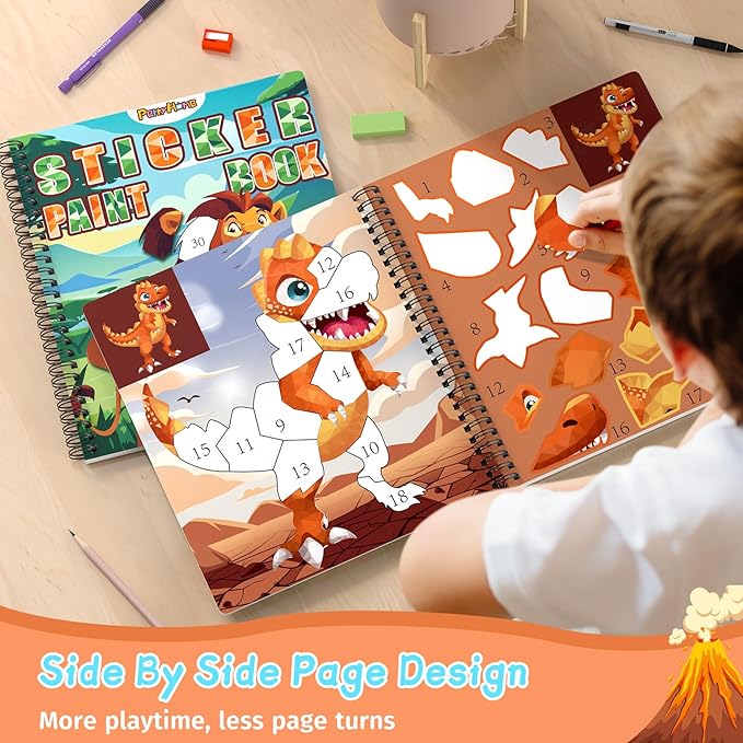 PERRYHOME 3PCS Sticker by Number Paint Books for Kids Ages 4-8, Dinosaur Animal Space Themes Sticker Activity Books, Boys Crafts Party Birthday Christmas Gifts Toys