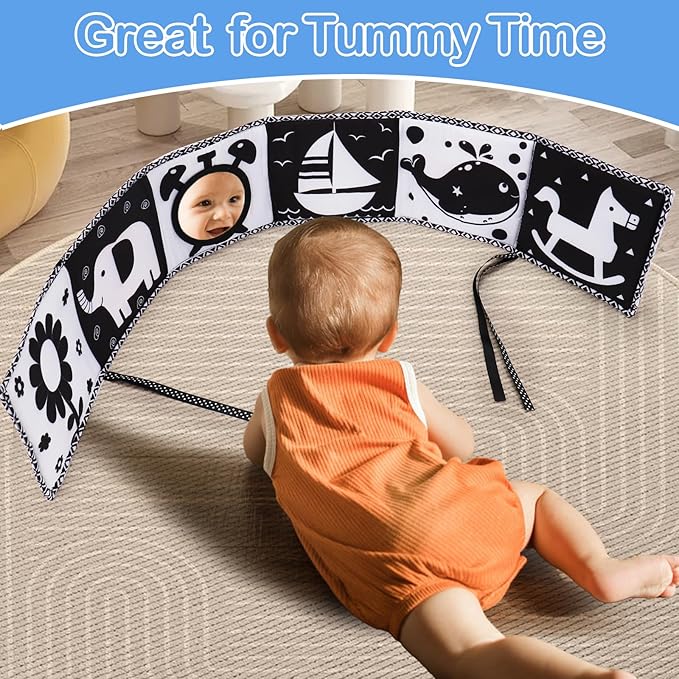 Black and White High Contrast Toys for Baby 0-3 3-6 months Infant Tummy Time Soft Book Sensory Musical Toy 0-2-4-6 month Babies Brain Development Crinkle Book Mirror Newborn Christmas Stocking Stuffer
