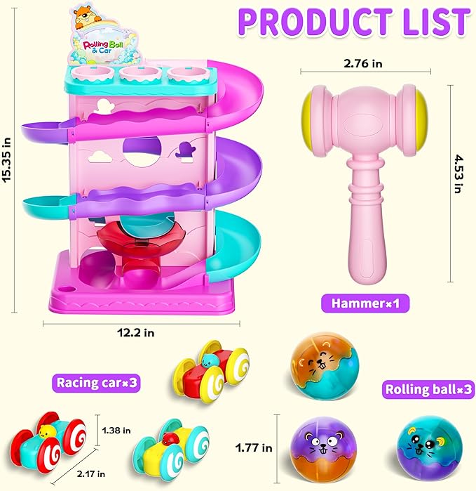 Funwee 2-in-1 Ball & Racing Car Ramp Toy for Toddlers, Race Track Hammer Rolling Lights Ball Drop, Interactive Montessori Learning Game Birthday Gift Idea for Kids 2 3 4 5+Year Old Girl Boy(Pink)