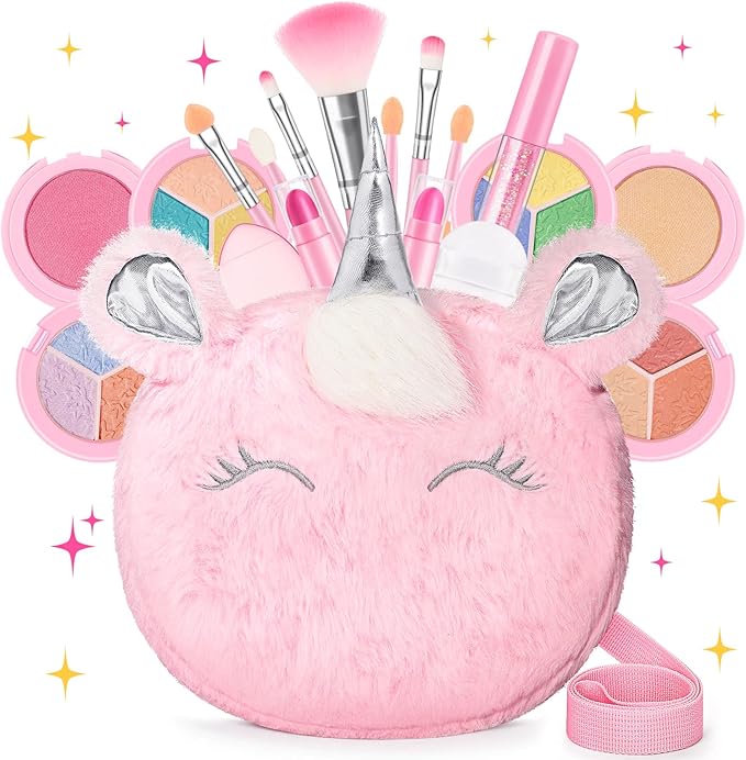 Kids Real Makeup Kit for Girls 3-10 Years Old : Washable Non Toxic Make Up Toys Sets for Toddler - 17Pcs Vanity Set with Unicorn Purse for Little Girl Ages 3 4 5 6 7 8 Birthday Gifts -Pink