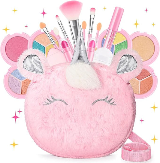 Kids Real Makeup Kit for Girls 3-10 Years Old : Washable Non Toxic Make Up Toys Sets for Toddler - 17Pcs Vanity Set with Unicorn Purse for Little Girl Ages 3 4 5 6 7 8 Birthday Gifts -Pink