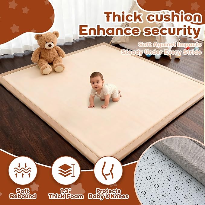 Baby Play Mat for Floor, 50'' x 50'' Thicken Foam Soft Padded Mat for Tummy Time, Playpen Playmat for Toddlers Infant kids, Water-Repellent Coral Velvet, Non-slip Bottom Safe for Crawling (Brown)