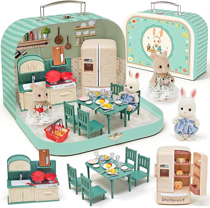 Dollhouse Kitchen Furniture Suitcase Set for Kids, 2 Flexible Dolls/Dining Tble/Kitchenware/Tableware/Refrigerator/Bread, Pretend Play Dollhouse Accessories Christmas Birthday Gift for Girls Ages 3+