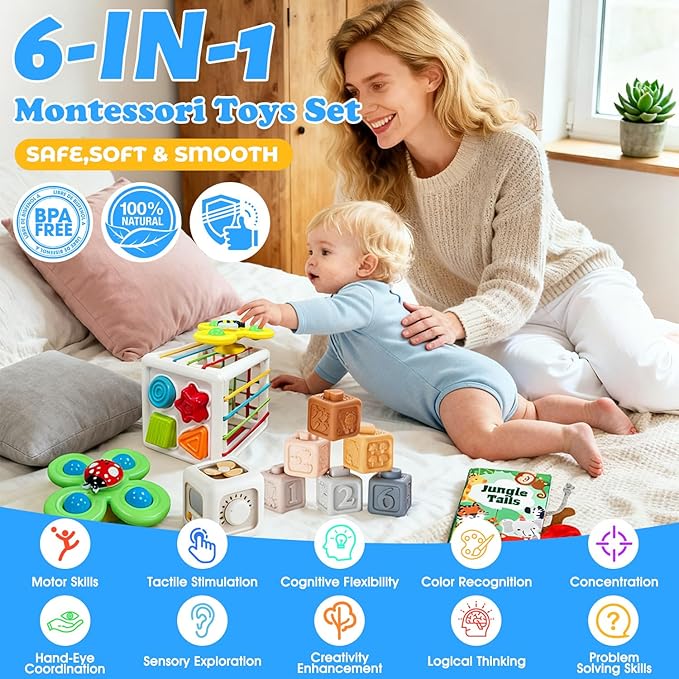 6 in 1 baby montessori toys for 6 12 month old-incl Busy Cube,stacking cups,Shape Sorting Bin,baby blocks,crinkle books, suction cups spinners,Sorting Learning Sensory Toys Gift for Babies Aged 1-3