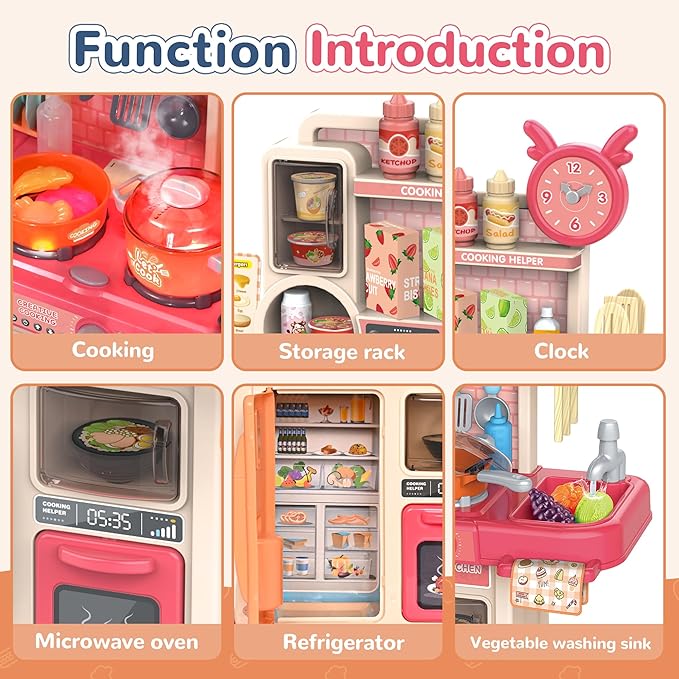 cossy Kids Play Kitchen,Toddler Kitchen with Sound and Light,Cooking Stove with Steam,Play Food Toy and Kitchen Accessories,Play Kitchen for Toddlers,Pink