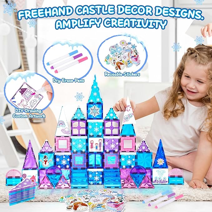 Diamond Magnetic Tiles Set 145PCS with Magnetic Doodle Kit, 3D Blocks Magnet Toys for Girls 3 4-7,8-12, Stem Toys Princess Castle Include 2 Stairs 2 Dolls Decals Stickers,3 4 5 6 7 8+ Girls Xmas Gift