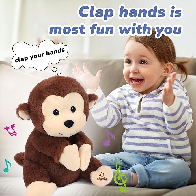 Hopearl Clapping Monkey Interactive Musical Stuffed Animal Singing Plush Toy Adorable Electric Animate Gifts for Kids, Brown, 11''