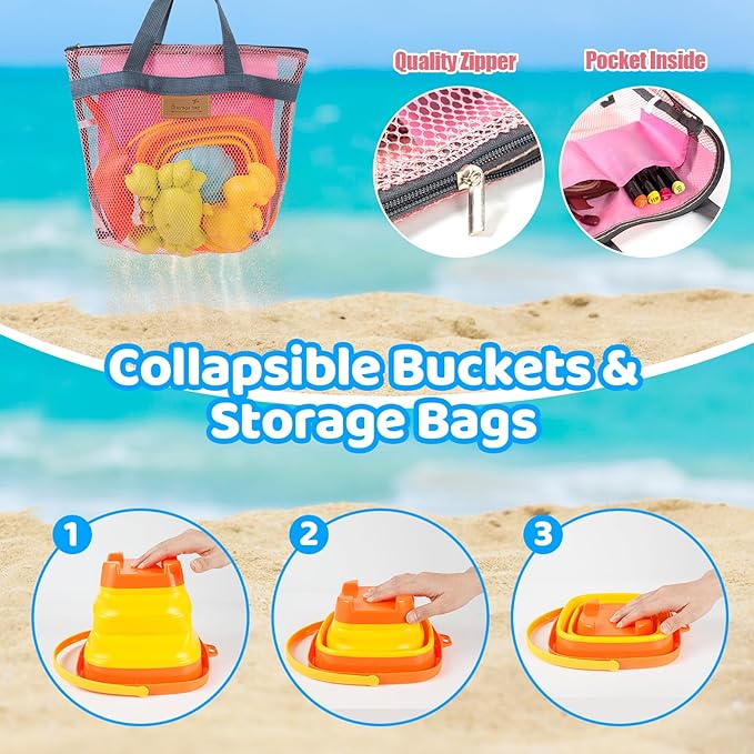 Beach Sand Toys for Kids with 2 Collapsible Beach Sand Buckets, Big Size Sand Molds, 2 Mesh Shell Bags, Shovels Toy Set Summer Travel Beach Essentials Sandbox Outdoor Toys for Toddler Ages 3-10