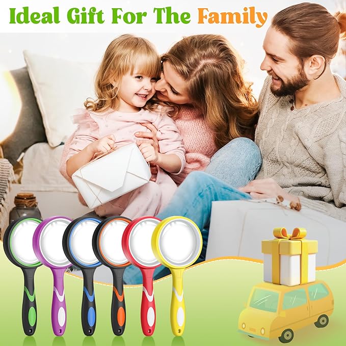 Leffis 12 Pack Magnifying Glass, 50mm 10X Multicolour Magnifying Glasses Lens Reading Magnifier for Kids and Seniors, Non-Slip Handheld Magnifying Glass for Close Work, Nature Exploration