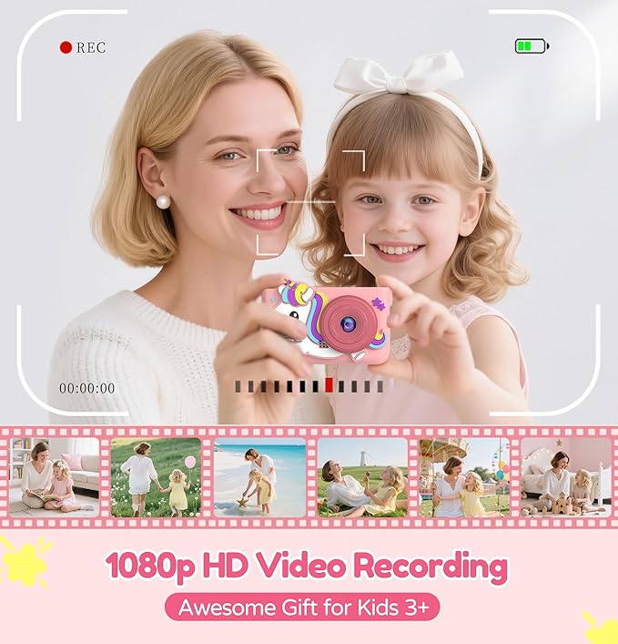 Kids Camera with Tripod & 32GB Card, 1080P HD Toddler Camera, PortableToy for Girls Boys Age 3-10, Christmas Birthday Gift, Christmas Stocking Stuffers, Pink