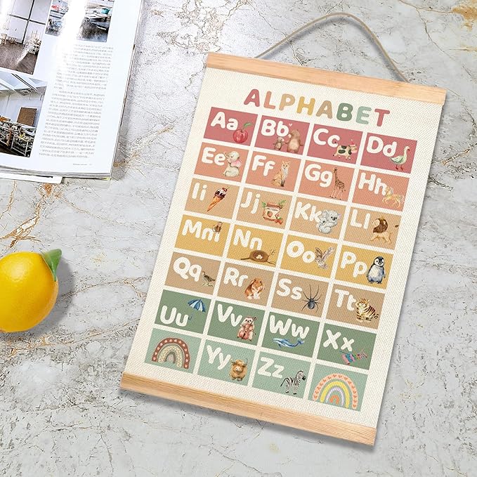 Kids Alphabet and Numbers Learning Posters Set of 2, Linen Canvas Educational Wall Art,Canvas Print Wall Hanging Posters, Cute Animal ABC 1-10 Numbers Charts for Nursery Playroom Preschool Classroom Decor, 18.5x14 Inch(Colorful-01)