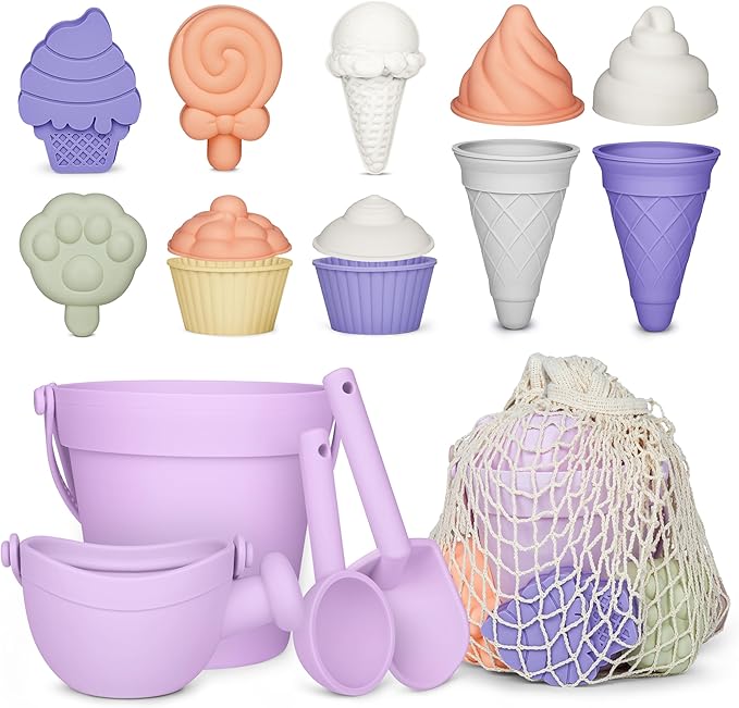 MarcZero 17Pcs Silicone Beach Toys,Modern Baby Beach Toys,Travel Friendly Beach Set,Silicone Bucket, Watering Can, Shovel, 12 Sand Molds, Beach Bag,Silicone Sand Toys for Toddlers, Kids (Purple)
