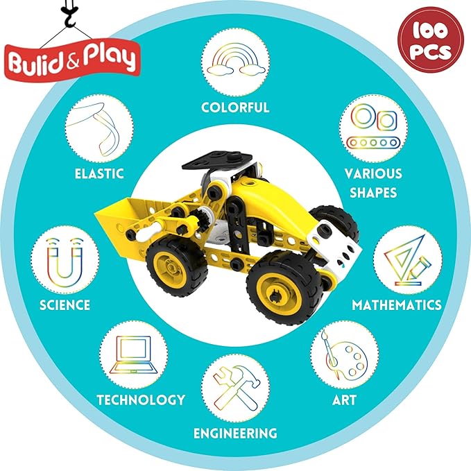 STEM Toys Kids Building Toys – 100 Piece 8-in-1 DIY Learning Construction Toy Set, Educational Kids Building Toys for Boys and Girls Mechanical Engineering Gifts Sets for Ages 5 6 7 8 9 + Years Old