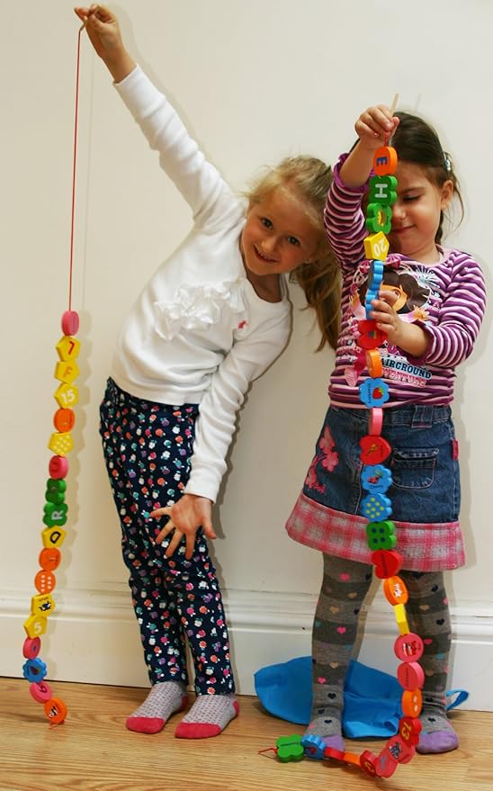 TOWO Wooden Alphabet Number Blocks – Letters ABC Threading Beads Sorting Toy 46 Pieces - Lacing Puzzle- Educational Color Matching Toys for 3 Years Old Fine Motor STEM Montessori Learning