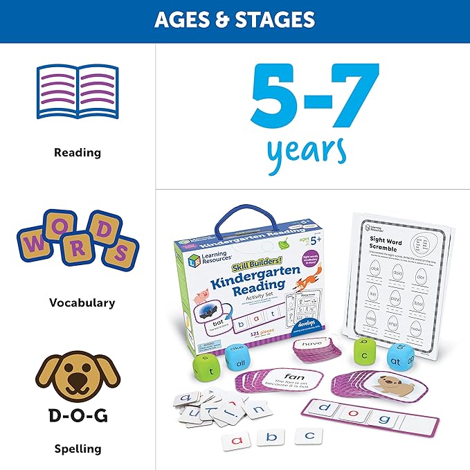 Learning Resources Skill Builders! Kindergarten Reading Activity Set - 122 Pieces, Ages 5+, Back to School Essential Materials, Homeschool Supplies