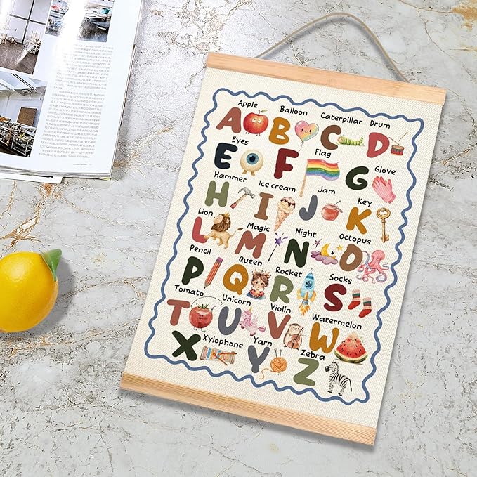 Educational Wall Art Posters ABC Alphabet Chart, Learning Posters for Kids,ABC Banner Poster, Canvas Wall Hanging Decor for Toddler Room Playroom Nursery Wall Classroom Decor 18.5x14inch(Colorful-06)
