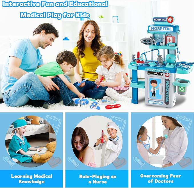Doctor Kit for Kids 3-5, Toddler Play Set with Rolling Cart, Costume, and Stethoscope, Role Play Kids Doctors Set (Blue)
