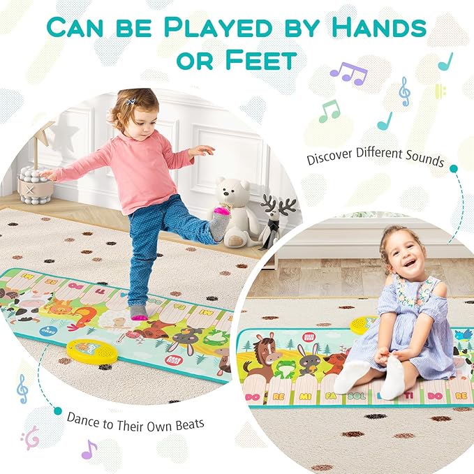 HONEY JOY Musical Piano Mat for Toddlers, Dancing Keyboard Music Carpet, Animal Sounds Blanket Touch Playmat, Early Sensory Educational Learning Toys for 3+ Years Old Baby Girls Boys (10-Key)