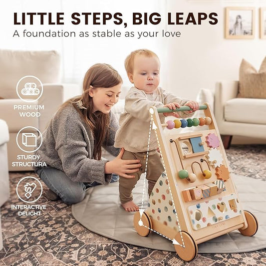 Tiny Land Wooden Baby Walker, Adjustable Speed Baby Push Walker for Boys and Girls, Montessori Activity Center Push Toy for Kids Development (Morandi)