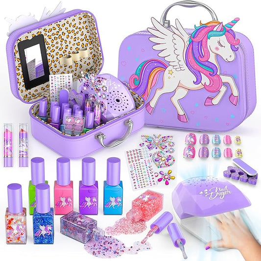 Kids Nail Polish Set for Girls Toys, Washable Quick-Dry Toddler Nail Art Kit with Air Cooling Dryer and Cosmetic Case, Christmas or Birthday Gifts for Girls Ages 3 4 5 6 7 9 10 11 12-Purple