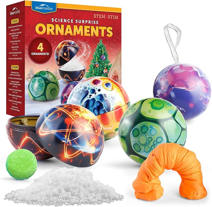 Blue Marble Science Ornaments Christmas Crafts for Kids Kit – 4 Ornaments with Holiday Science Experiments - Bouncy Ball Holiday Crafts, DIY Instant Snow Activities for Kids, Boys, and Girls