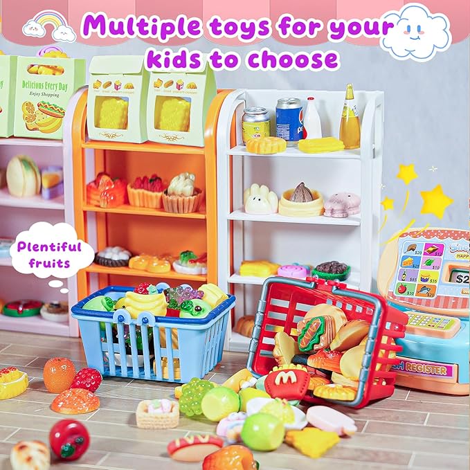 183Mini Food Toys Dollhouse Fruit Vegetable Bread Rack Display Shelf Grocery Store Shopping Cart Basket Miniature Drink Supermarket Metal Handcart Kitchen Play Game Party Cash Register