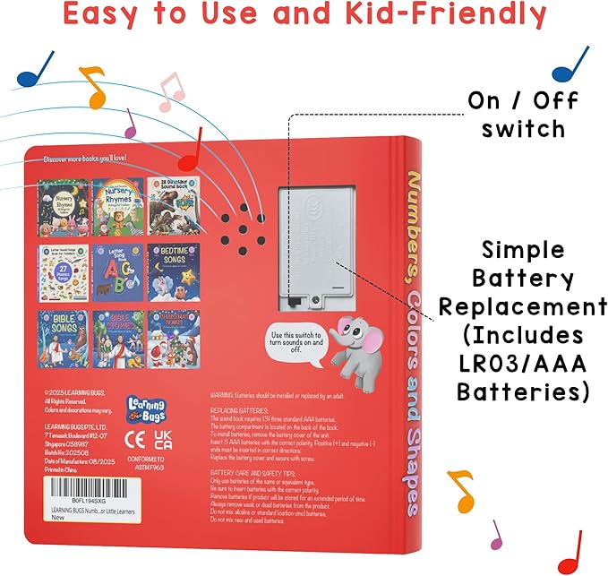 LEARNING BUGS Numbers, Colors & Shapes – 28 Favorite Counting Nursery Rhymes, Musical Books for Toddlers, 28-Button Music Book, Musical Toys for Toddlers 1-3