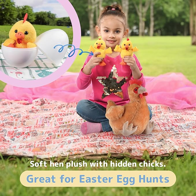 PREXTEX Hen Toy with Two Plastic Easter Eggs and Cute Baby Chicks Inside - Big Mommy Hen Plush with Chicks Zippered in Eggs - Adorable Chicken Plushies for Kids 3-5 Years Old