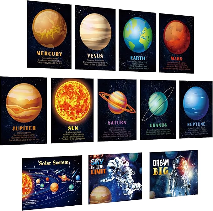 Outus 12 Pieces Solar System Educational Teaching Posters Laminated Kids Space and Planets Posters Print WallChart Art for Toddlers Classroom Bedroom 10.6 x 14.1 Inch