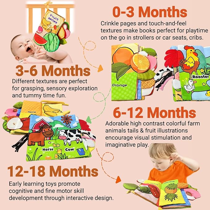 Baby Books 0-6 to 12 Months Infant Cloth Stroller Toy, Tummy Time Toys for Infants 0-3-4-7-9 Month, Newborn Girl Boys Gifts Stocking Stuffers Crinkle Touch Feel Sensory Book for Babies 2PCS