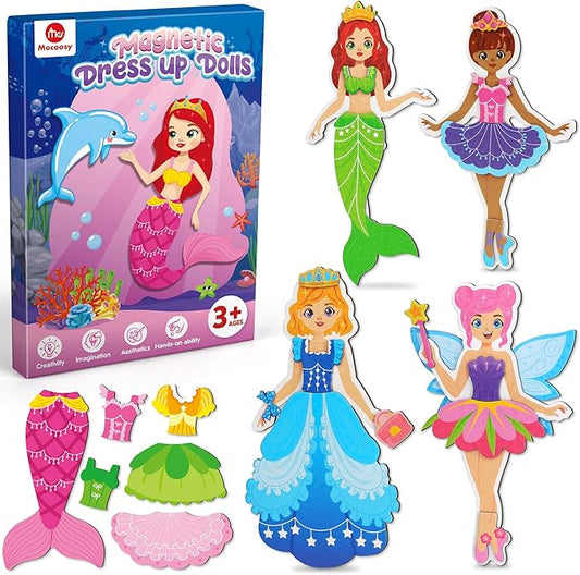 Mocoosy Magnetic Dress Up Dolls for Girls, Princess Mermaid Fairy Ballerina Magnet Dolls Dress Up Kits, Travel Game Car Road Trip Airplane Activity Toys Birthday Gifts for Toddler Girls Ages 3 4 5 6 7