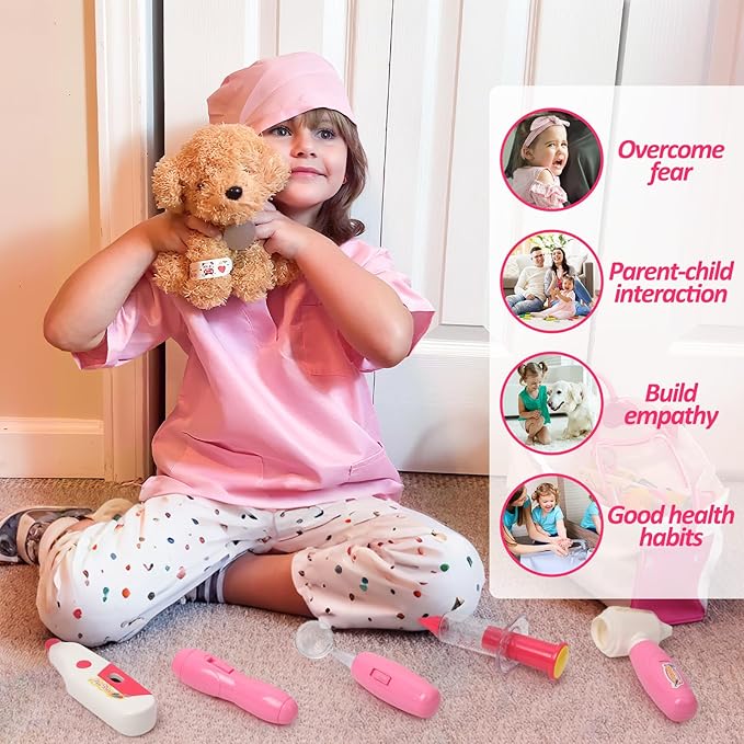 Liberry Doctor Kit for Toddlers Age 3 4 5 6, 26 Pcs Kids Doctor Playset with Dog Toy, Stethoscope and Dress Up Costume, Pretend Play Medical Christmas Gift for Girls, Pink