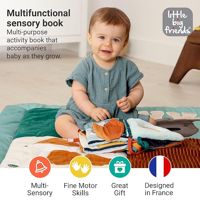 Little Big Friends 2-in-1 Soft Baby Activity Book | Crinkle Cloth Book with Mirror, Teething Ring & Textures | Sensory Toy for Infants | Attaches to Crib, Car Seat or Stroller | Forest Theme