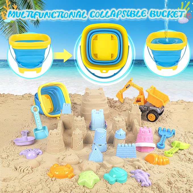 Beach Toys, Sand Toys with 2 in 1 Construction Vehicles, Collapsible Beach Bucket, Sand Castle Building kit, Sand Molds, Beach Shovel, Mesh Bag, Summer Toys for Kids Ages 4-8