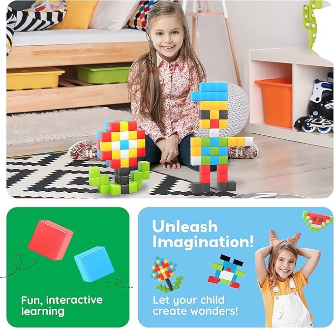 PicassoTiles 60pc Magnetic Puzzle Cube Building Set 1 Inch 3D Blocks STEM Construction Toy for Toddlers Kids Boys Girls Age 3+ Montessori Learning Travel Sensory Gift with Educational Idea Book PMC60