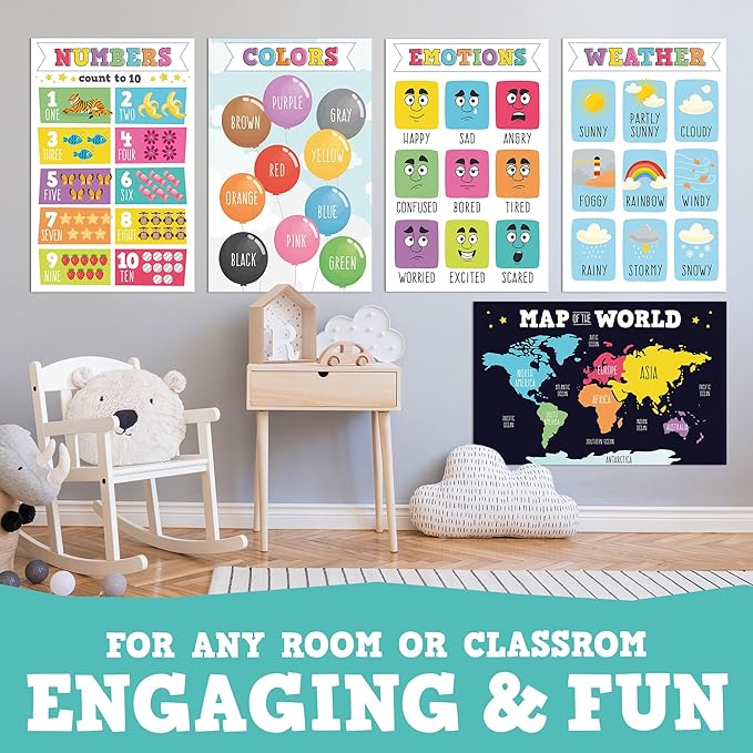 16 Pieces of Educational Posters to Improve Writing in Children, is Laminated, Set of 16 Posters in 2 Languages, Double Size English & Spanish, Works as 32 Posters