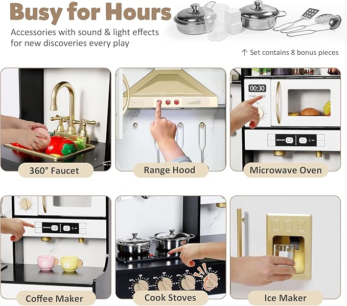 Kids Kitchen Playset, Wooden Play Kitchen with Toy Storage System, Pretend Play Kitchen Set Toy with Range Hood, Ice Maker & Coffee Maker, for Kids Ages 3+, Black