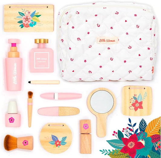 UMU® Wooden Pretend Makeup Kit for Toddlers – Realistic Toy Beauty Set for Girls with Lipstick, Mirror, Perfume, Powder & Cosmetic Bag – Play Makeup for Kids Ages 3 4 5 6