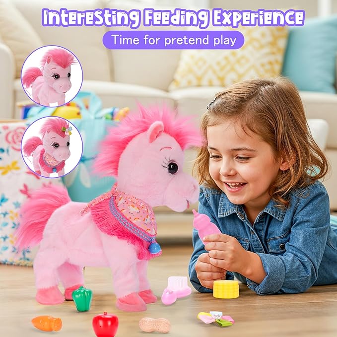Pink Walking Pony Set Interactive Talking Singing Dancing Horse Walk Along with Remote Control Leash Plush Pony Pet Toy for Kid, Nod Lick Wag Repeat What You Say, 3+ Girl Boy
